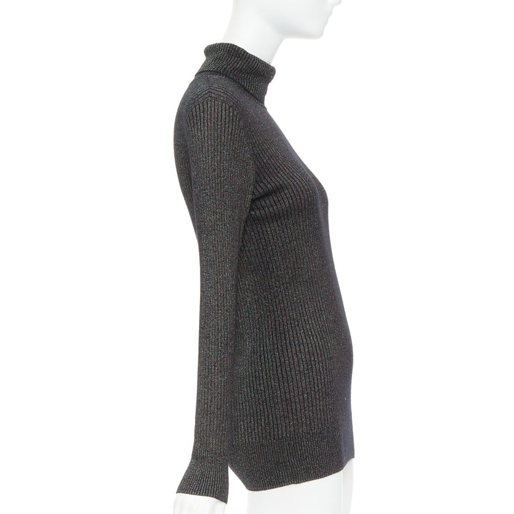 DRIES VAN NOTEN metallic green lurex viscose blend ribbed turtleneck sweater M