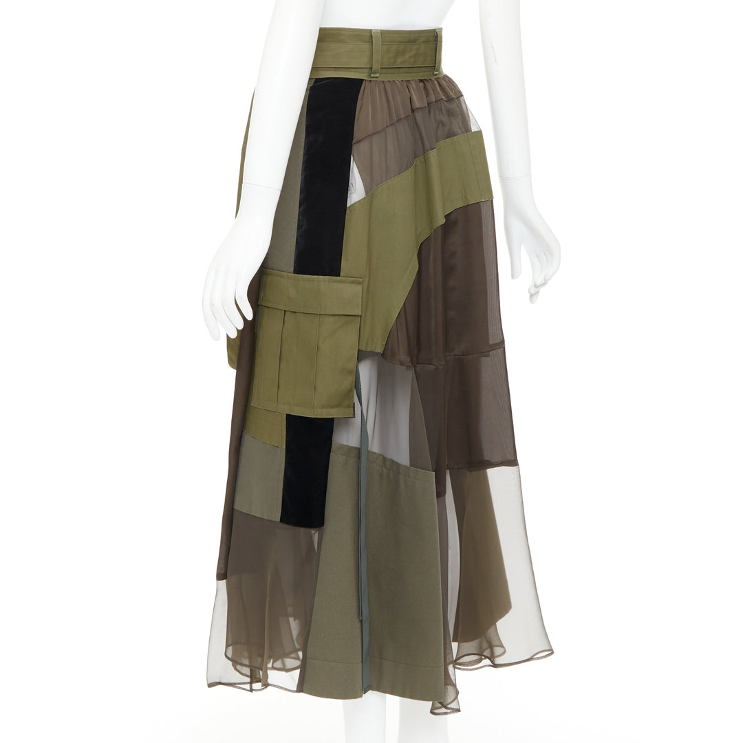 SACAI 2020 military green camo sheer patchwork cargo belted skirt JP1 S