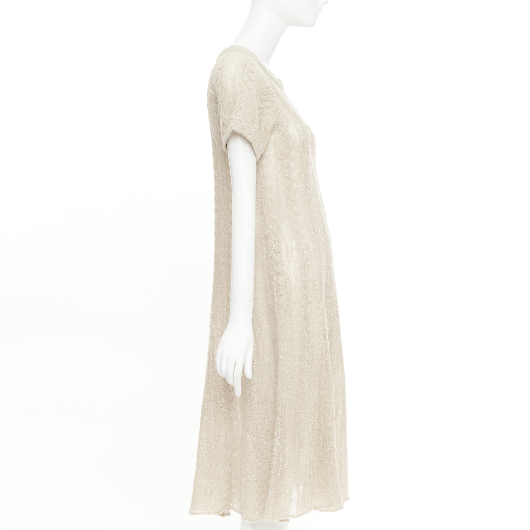 CHANEL cream beige alpaca blend textured knit CC short sleeve midi dress FR38 M