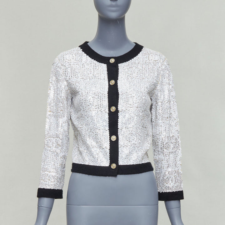 CHANEL 08P white printed sequins beige cashmere black trim cardigan FR34 XS