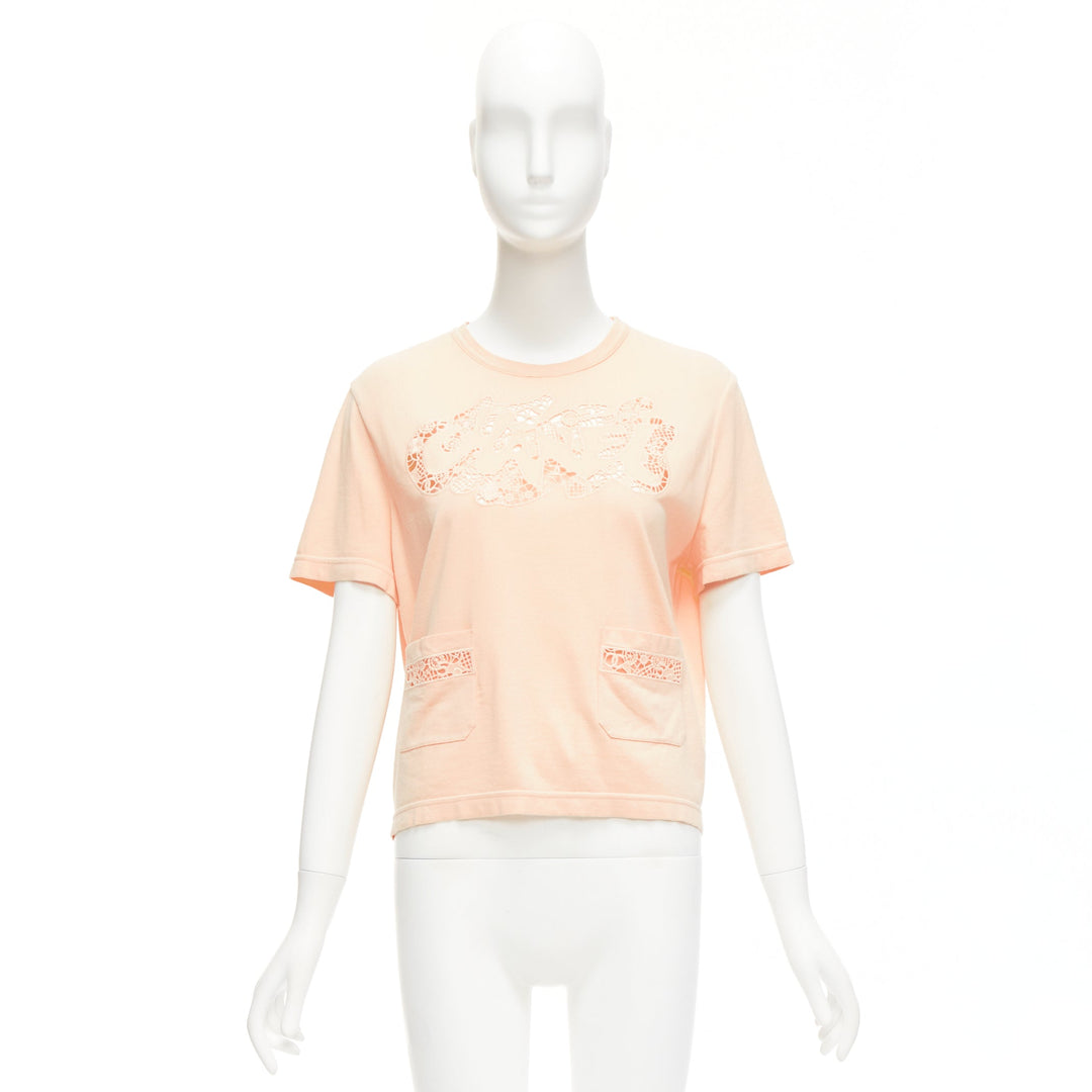 CHANEL 2020 peach pink macrame hollow logo cropped pocketed tshirt FR38 M