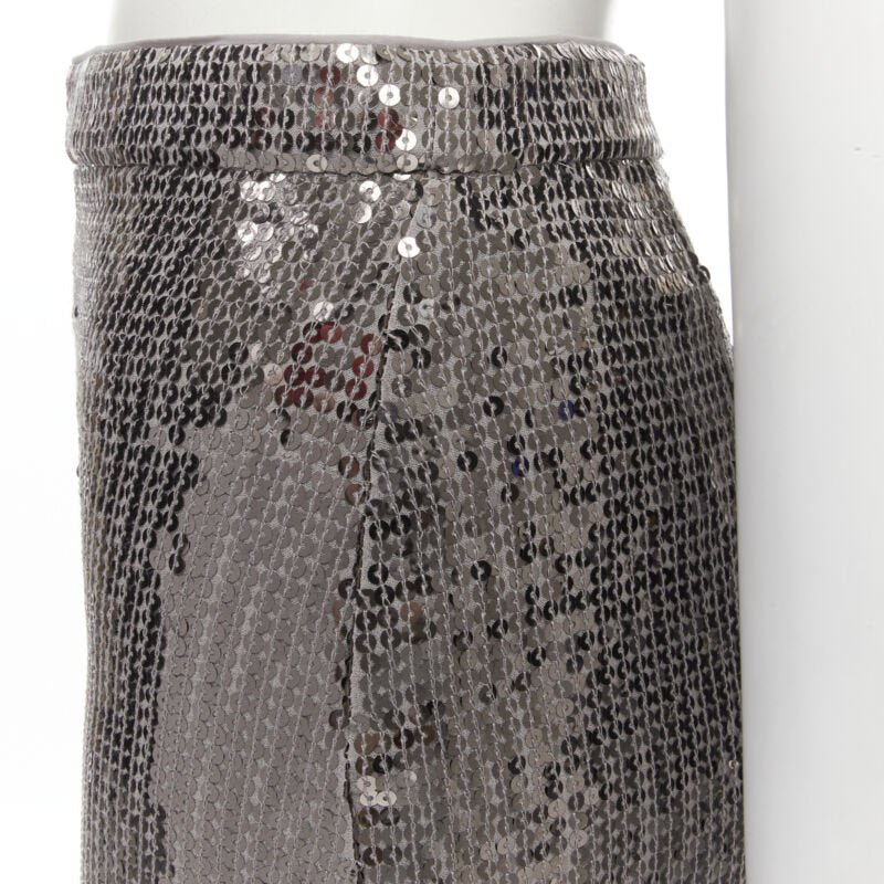 ALICE OLIVIA silver metallic sequins back slit knee length pencil skirt US0 XS