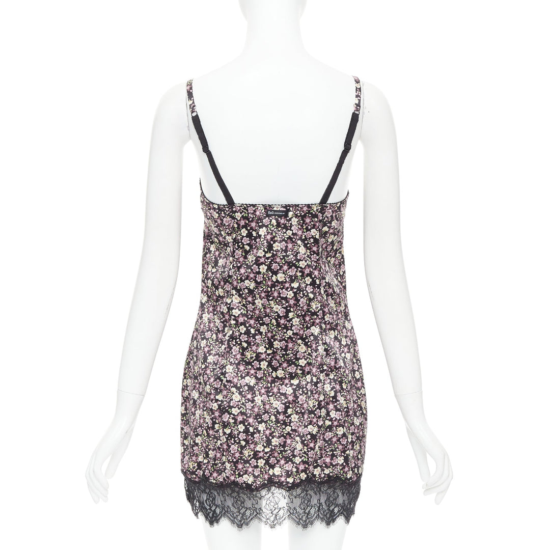 D&G DOLCE GABBANA Vintage pink green floral black bow lace trim slip dress M