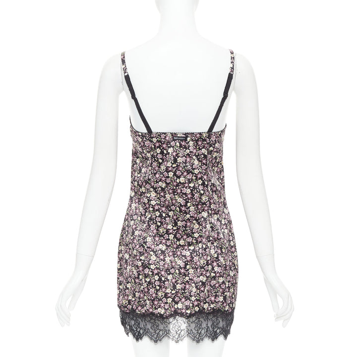 D&G DOLCE GABBANA Vintage pink green floral black bow lace trim slip dress M