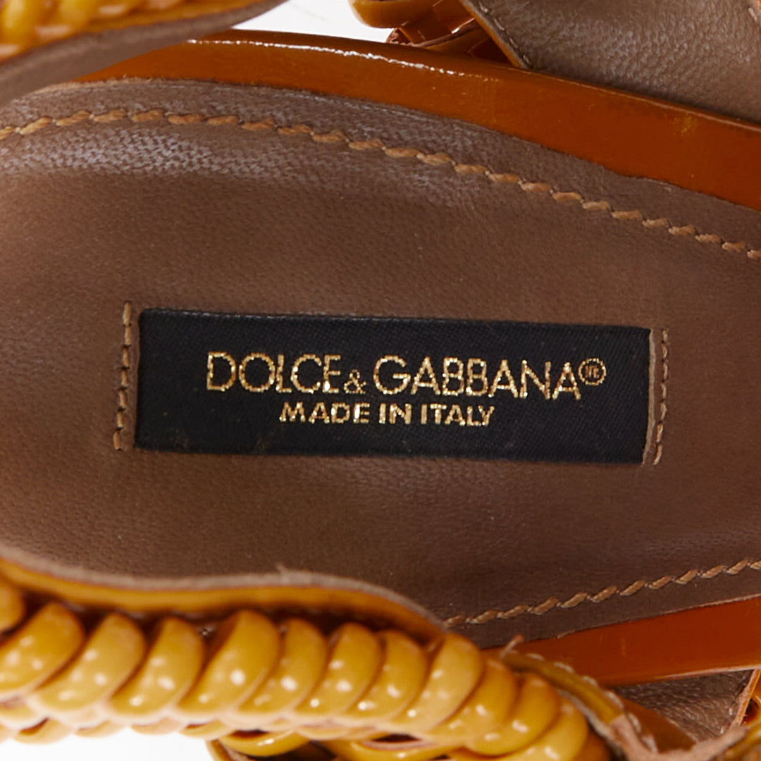 DOLCE GABBANA brown patent leather wicker weave high heel sandal heels EU37