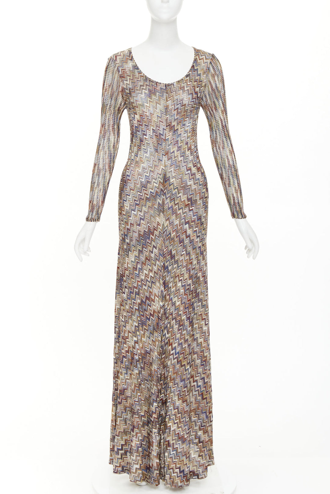 MISSONI multicolor lurex metallic chevron zigzag knit scoop maxi dress IT42 M
