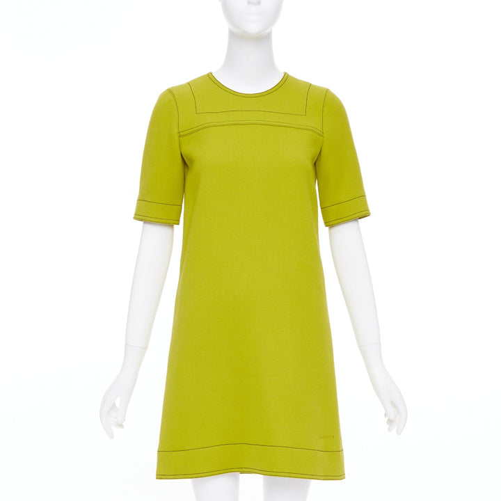 MARNI lime green 100% virgin wool overstitch silk lined shift dress IT36 XXS