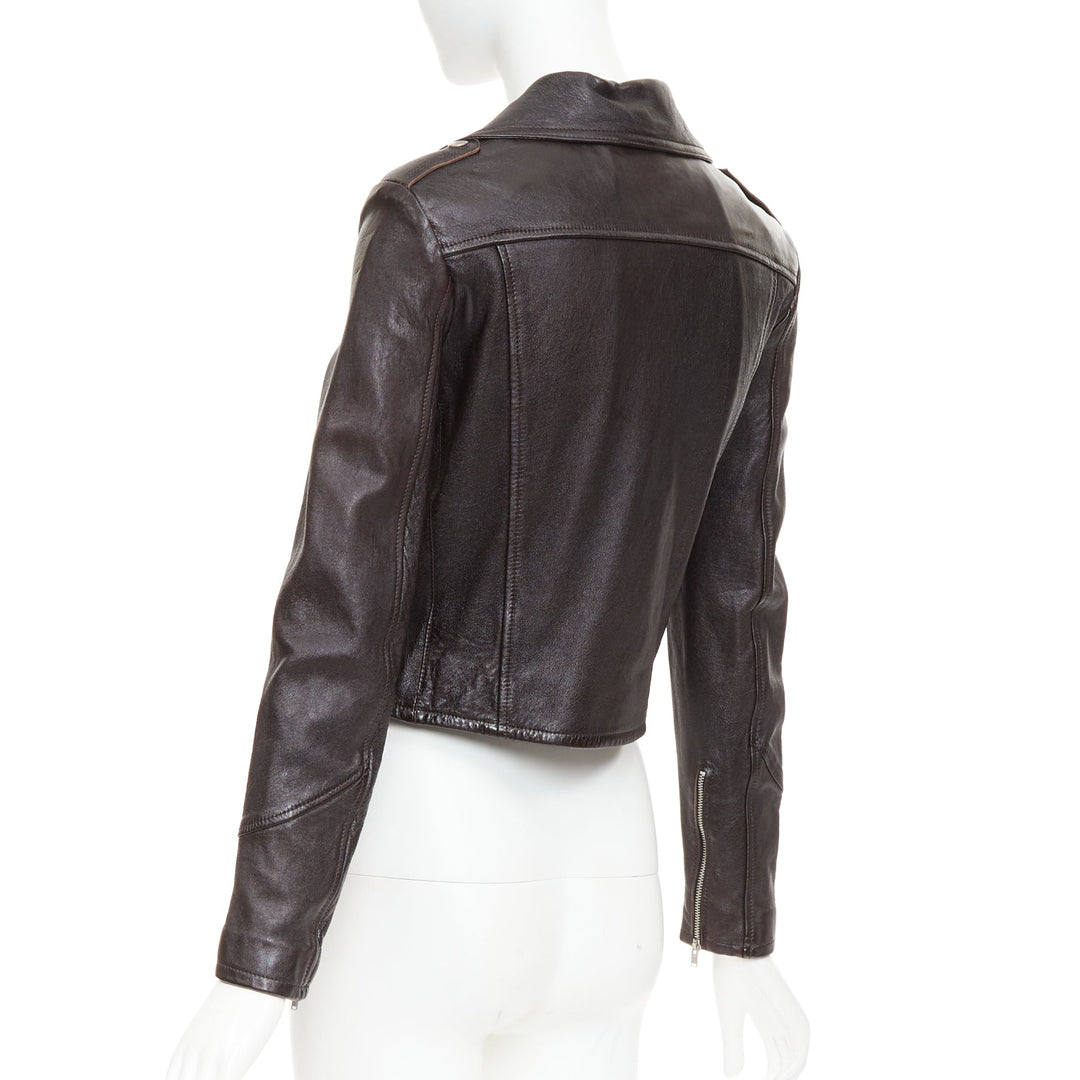 SAINT LAURENT 2016 black lambskin triangular zipper cropped biker jacket FR38