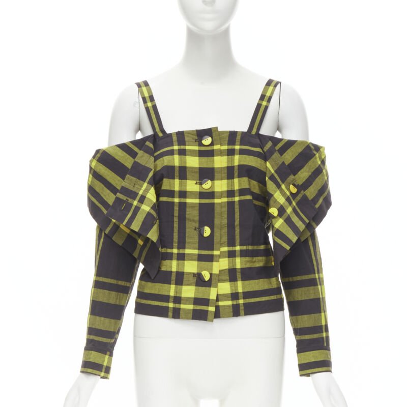 ISSEY MIYAKE Vintage black yellow check plaid cotton stand collar shirt S Rare