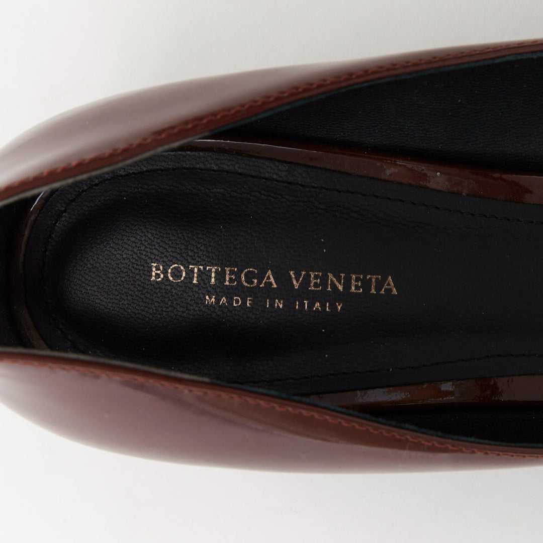 BOTTEGA VENETA burgundy patent leather intrecciato square toe block pumps EU37