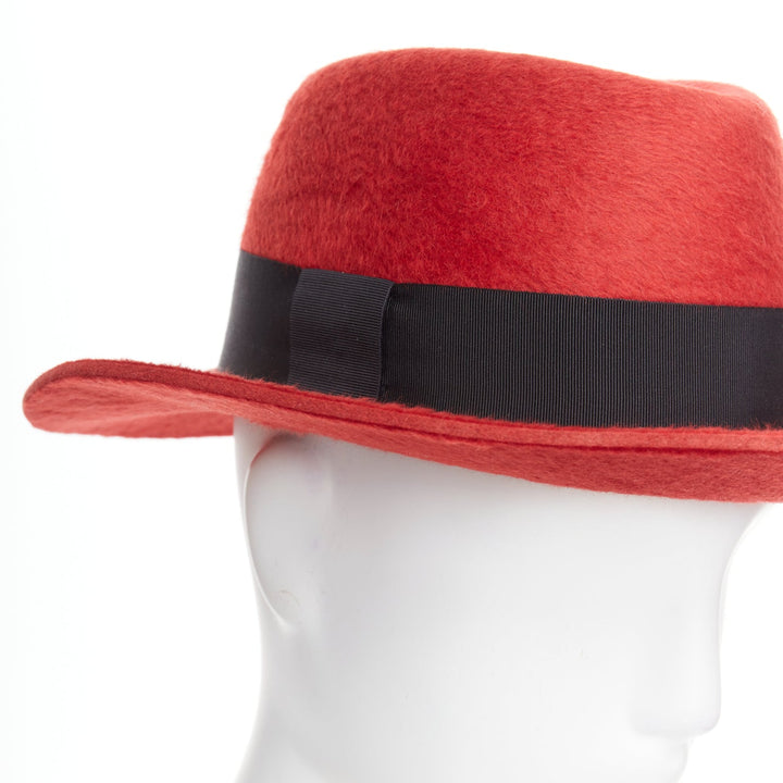 SAINT LAURENT red rabbit felt black grosgrain leather lined fedora hat