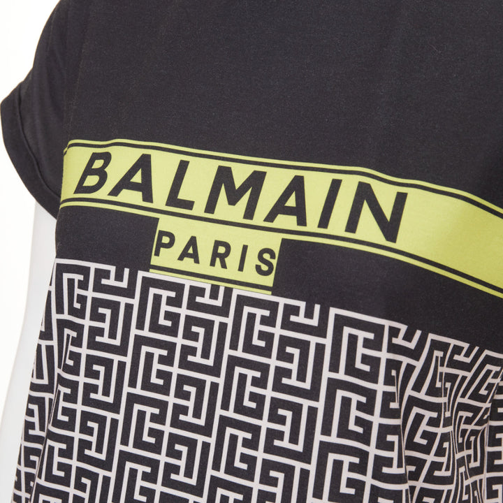 BALMAIN black yellow logo graphic printed rolled sleeves tshirt XS