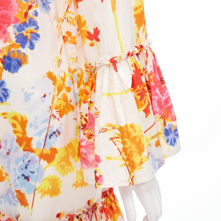DRIES VAN NOTEN Runway colourful floral tiered sleeve ruffle midi dress FR34 XS