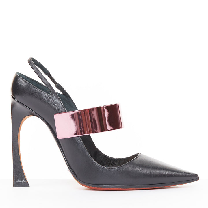 CHRISTIAN DIOR 2013 Runway black leather pink metallic band slingback pump EU37D