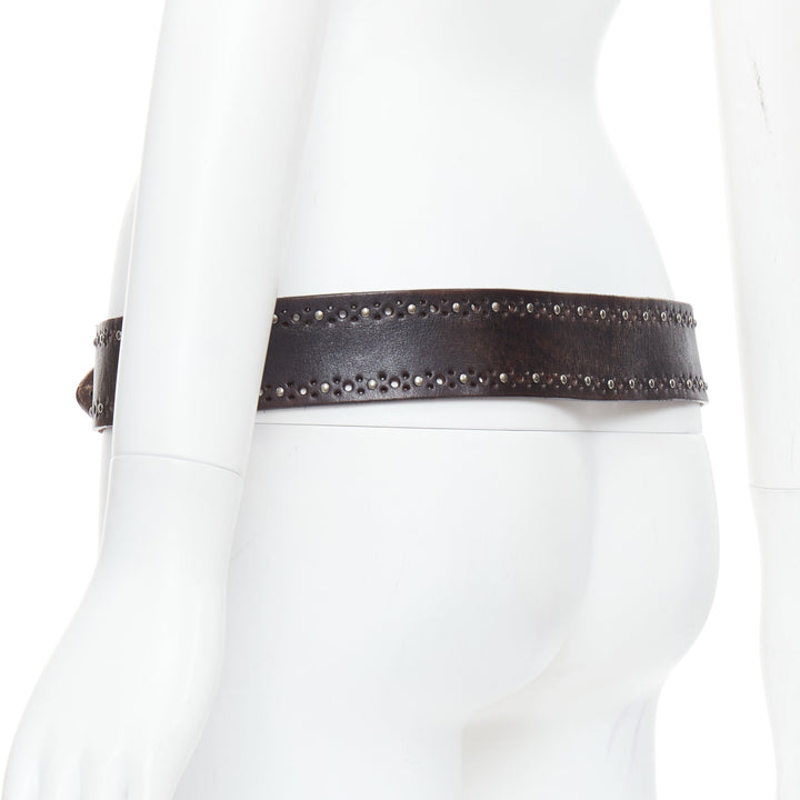 SAINT LAURENT brown leather silver studs eyelet buckle belt 85cm