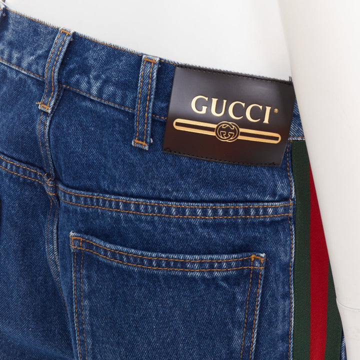 GUCCI blue cotton blend signature green red web trim straight leg jeans 31"