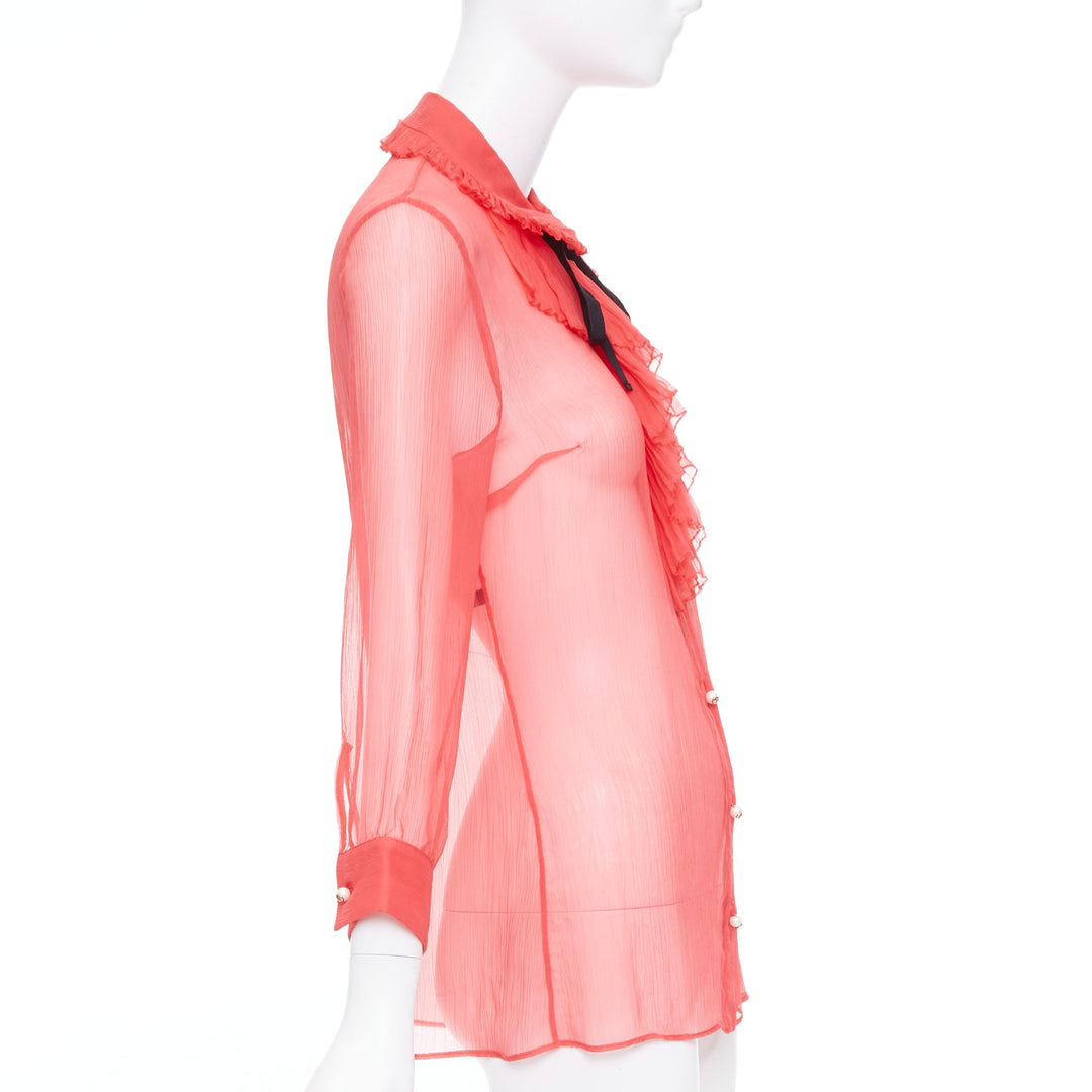 GUCCI coral red sheer chiffon GG pearl black pussybow ruffle blouse IT42 M