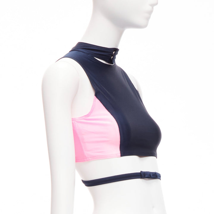 AMBUSH pink navy panelled logo back waist tie cropped sports top Size 1 S