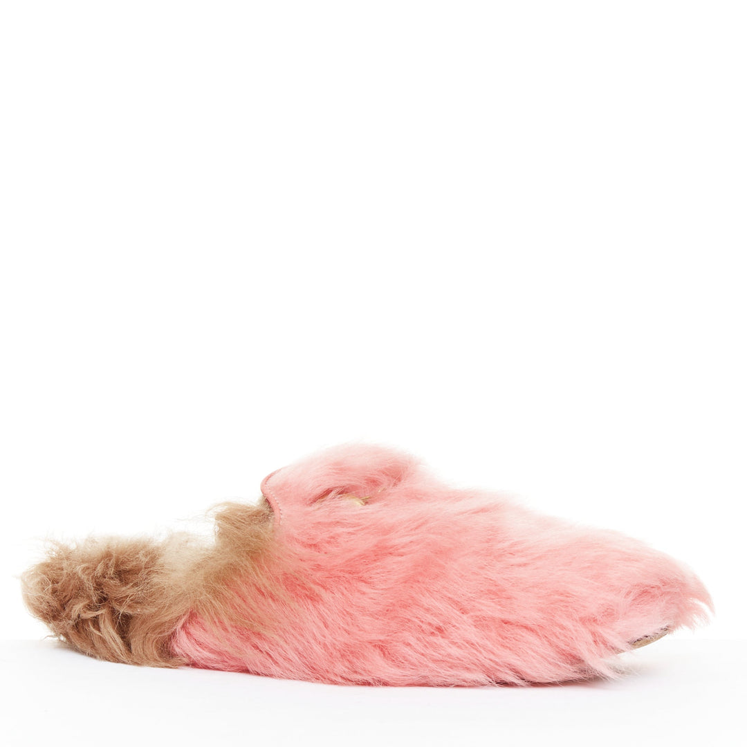 GUCCI Princetown pink brown  fluffy fur gold horsebit slip on loafer mule EU36