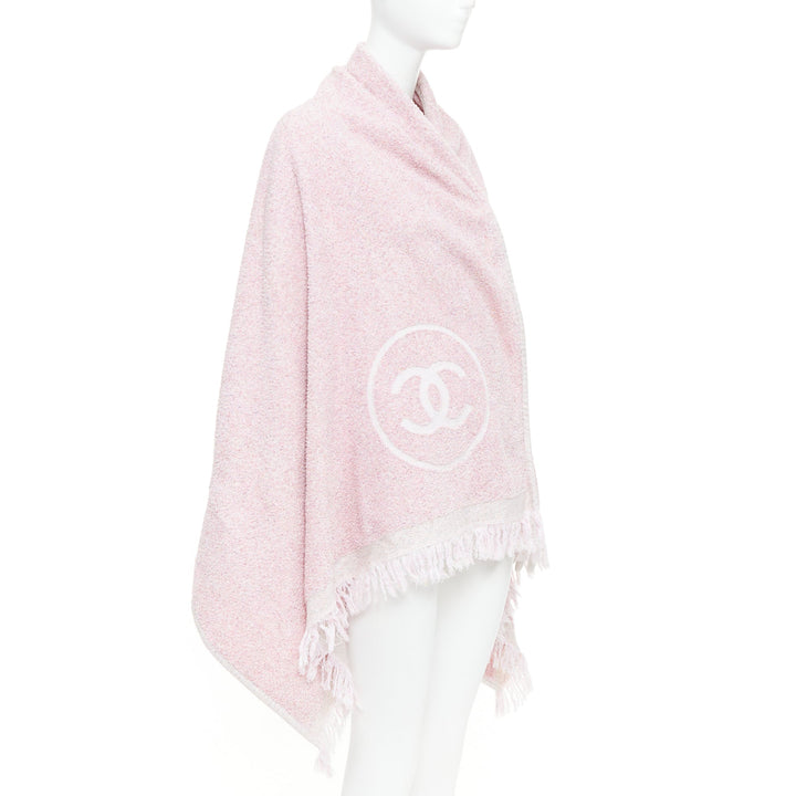 CHANEL Vintage Cruise pink cotton boucle white CC logo fringe trim beach towel