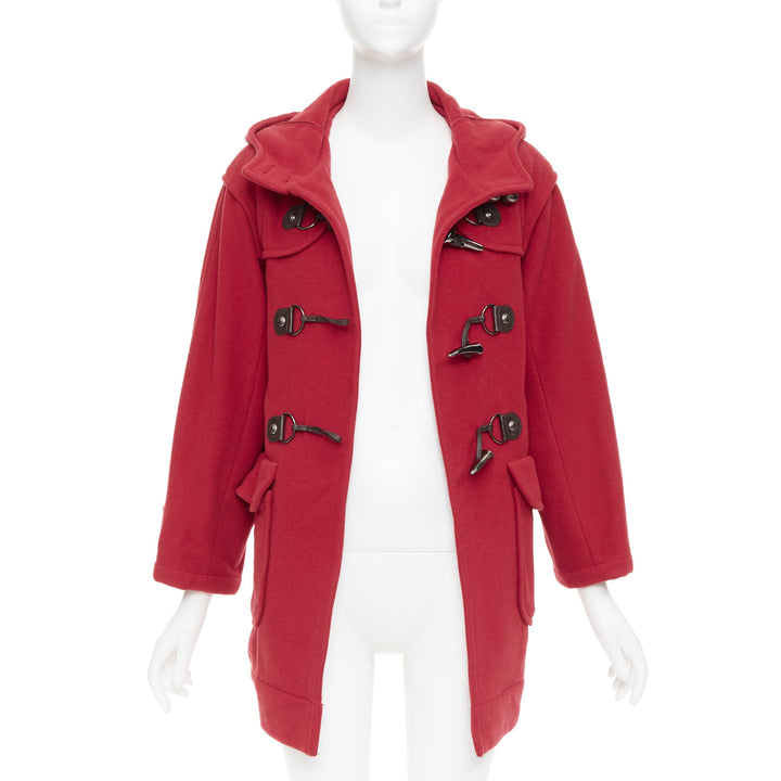 LANVIN EN BLEU red wool blend black brown toggle leather pea coat FR36 S