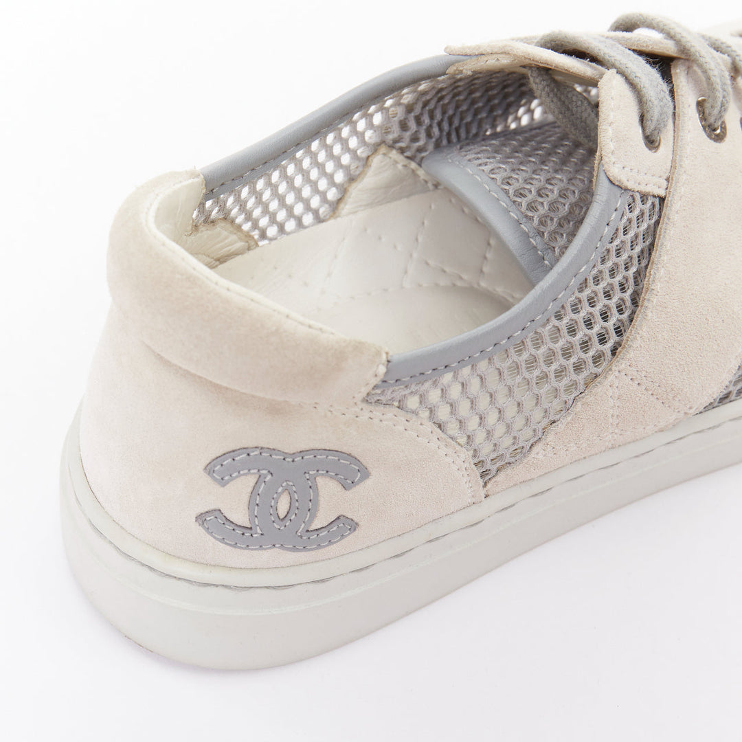 CHANEL 2015 grey mesh CC logo cream suede panelled sneakers EU36.5
