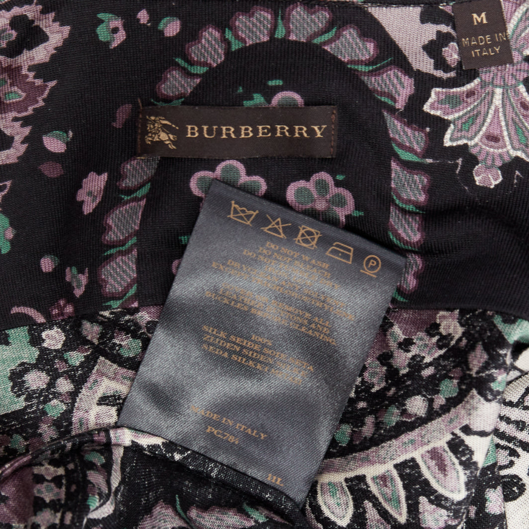 BURBERRY 100% silk black purple green grey paisley print dress shirt M