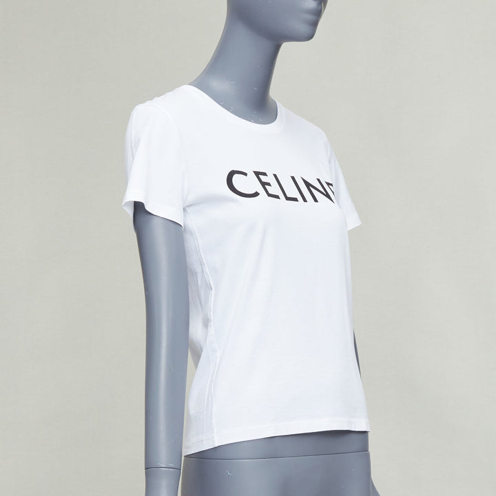 CELINE white cotton black big logo crew neck fitted tshirt XS