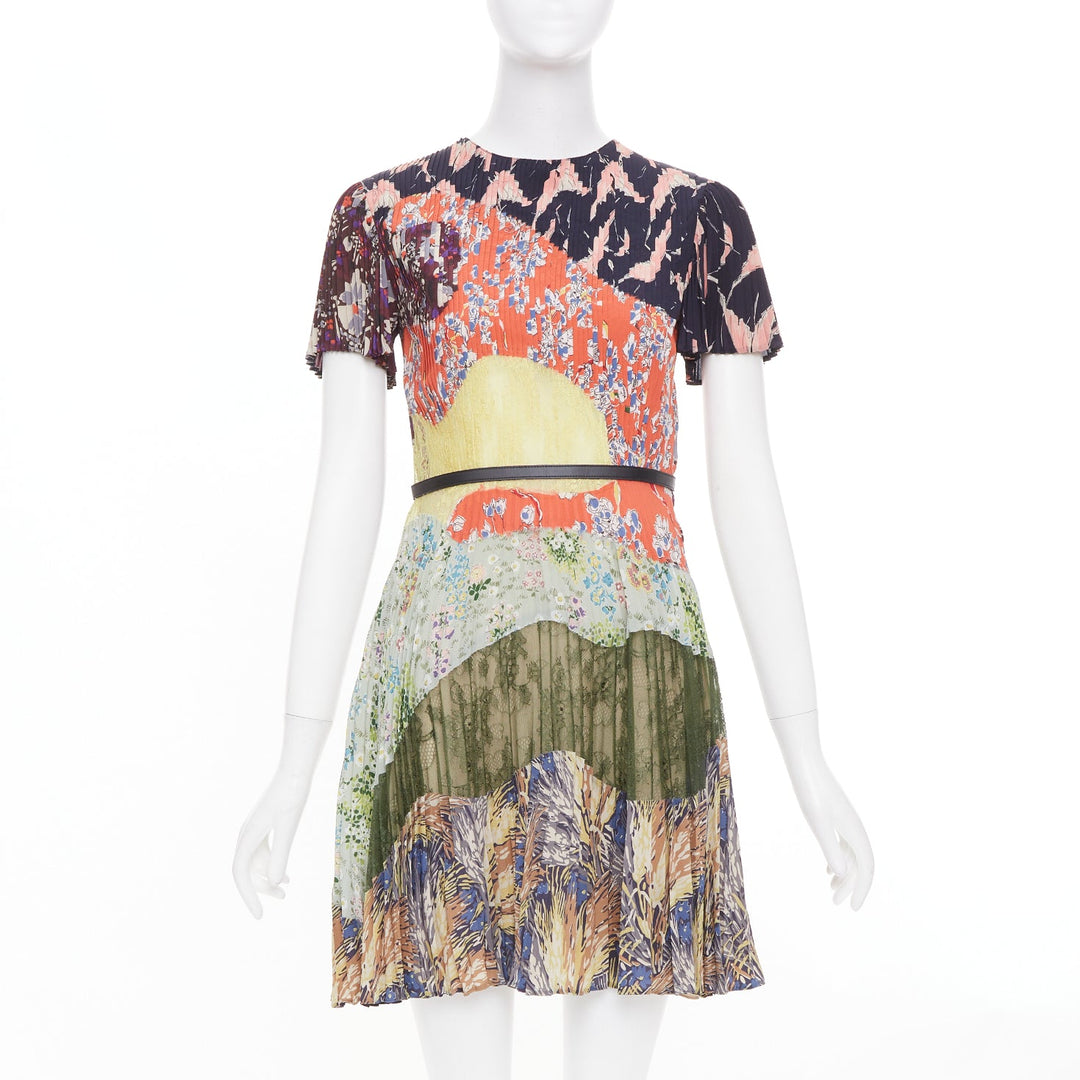 VALENTINO multicolor graphic print leather trim pleated lace insert dress IT40 S
