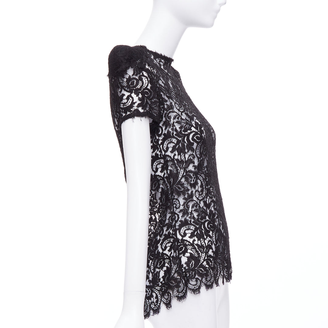 rare BALMAIN 2009 black lace shoulder padded scallop sheer top