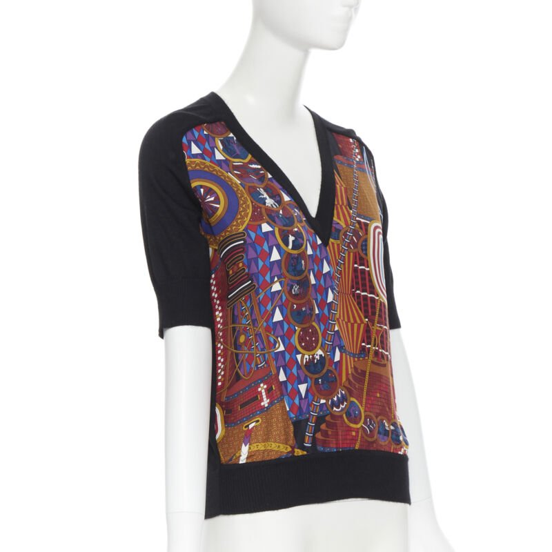 HERMES PARIS signature silk print front black cashmere knit V-neck sweater Fr34