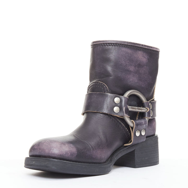 MIU MIU 2025 distressed washed black leather moto harness ankle boots EU36