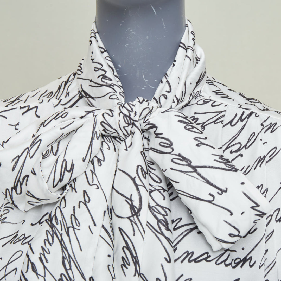 BALMAIN 2025 Love Letter Print pussybow tie neck white black blouse FR34 XS