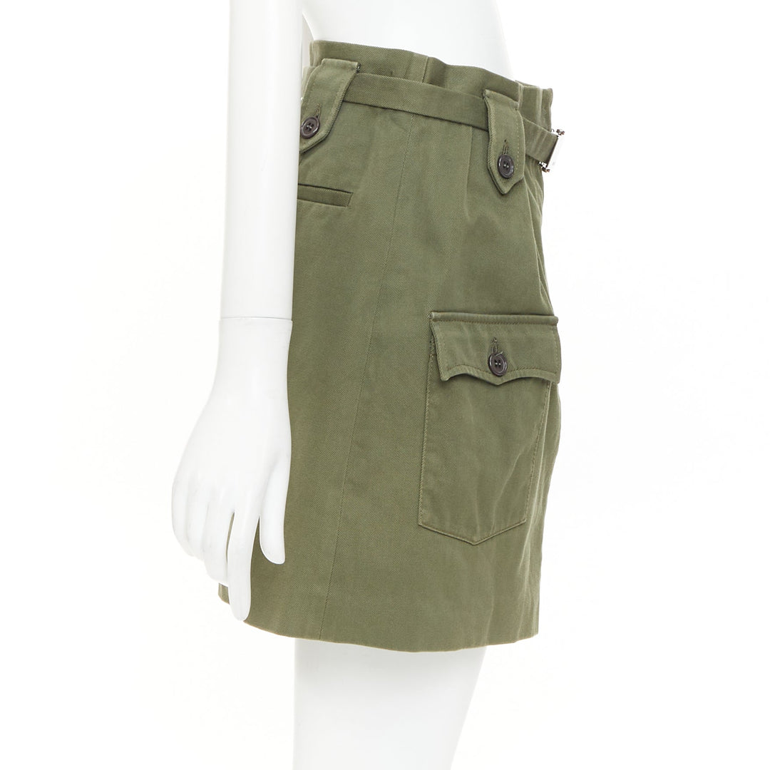 MIU MIU 2019 green cotton gabardine silver logo buckle utility skirt IT38 XS