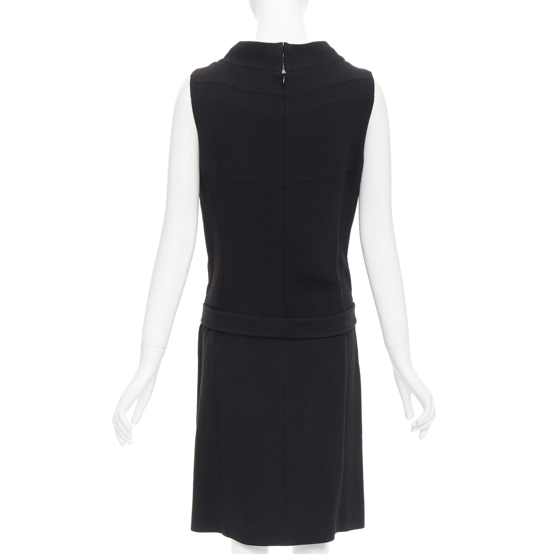 BALENCIAGA 2005 black wool blend drop waist panelled belted dress FR40 S