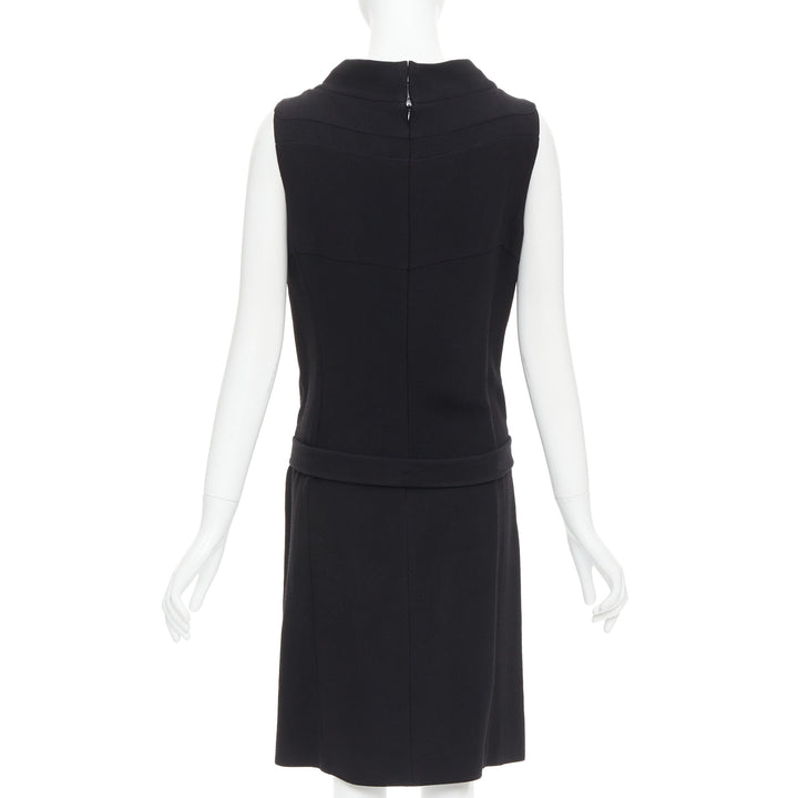 BALENCIAGA 2005 black wool blend drop waist panelled belted dress FR40 S