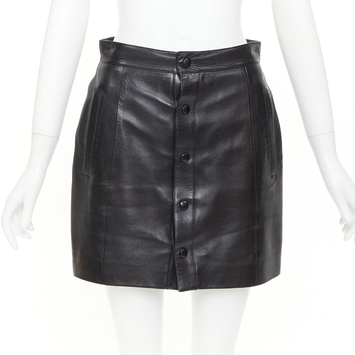 SAINT LAURENT 2018 black lambskin leather snap button mini skirt FR38 M
