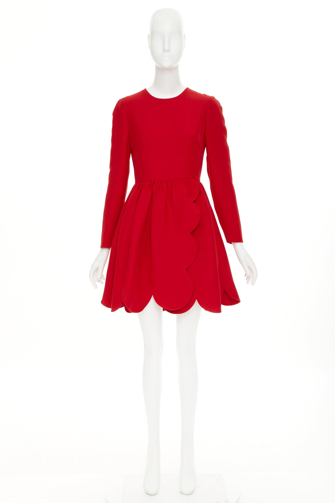 VALENTINO red silk wool crepe scalloped skirt detail flared dress IT40 S
