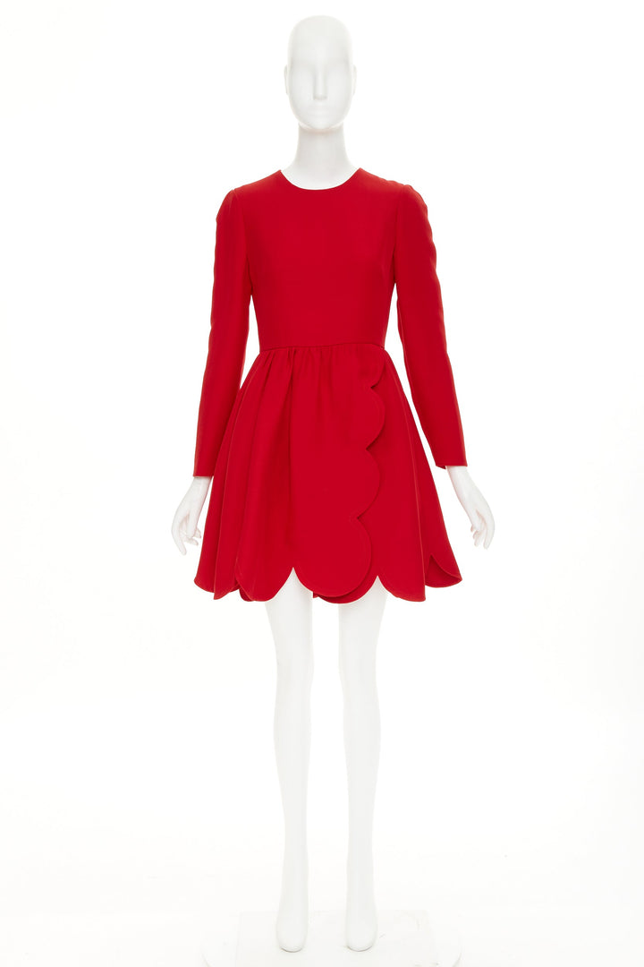 VALENTINO red silk wool crepe scalloped skirt detail flared dress IT40 S