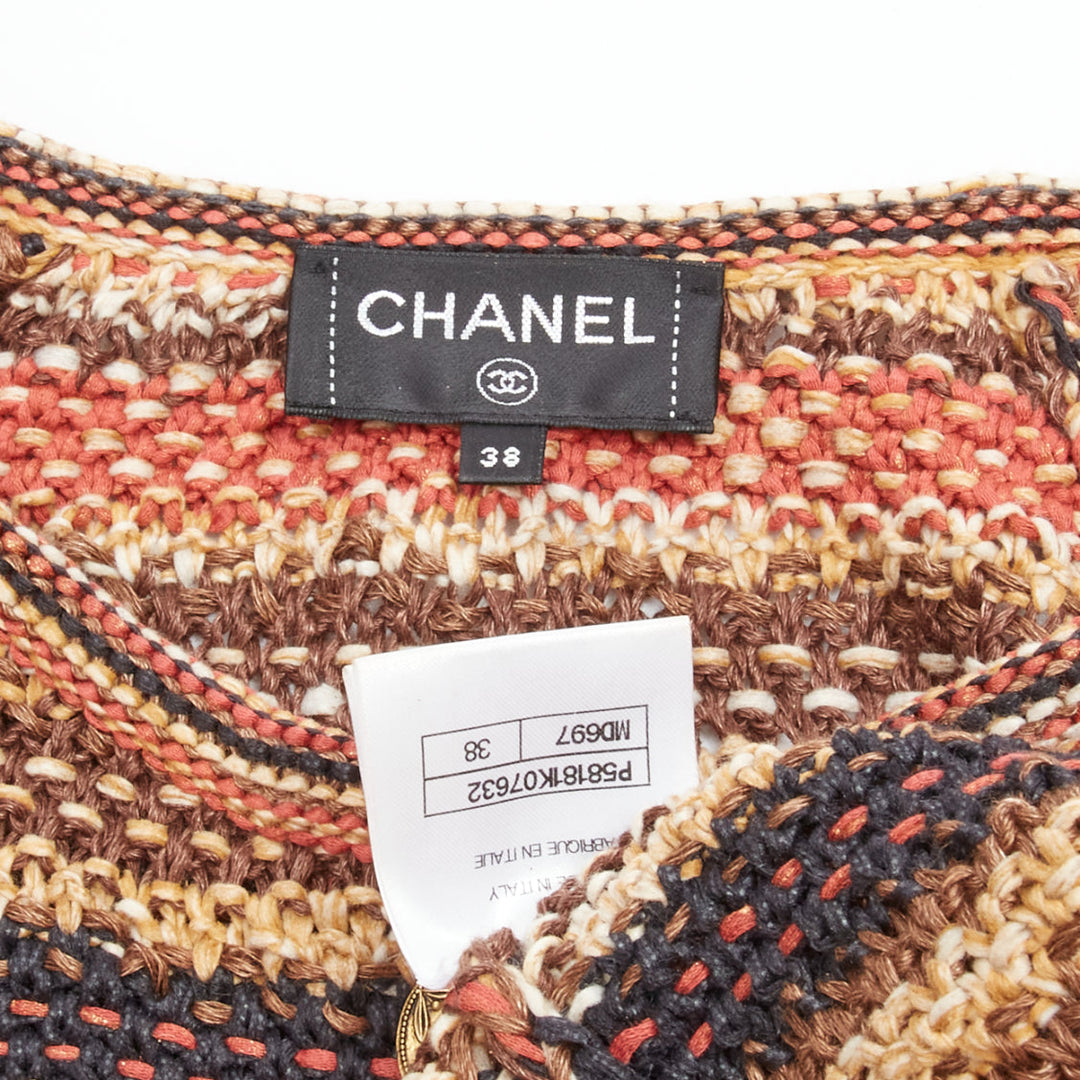 CHANEL 2018 Runway CC button brown striped linen cotton knit dress FR38 M