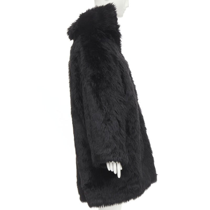 runway BALENCIAGA Demna Runway black faux fur Swing off shoulder coat FR34 XS
