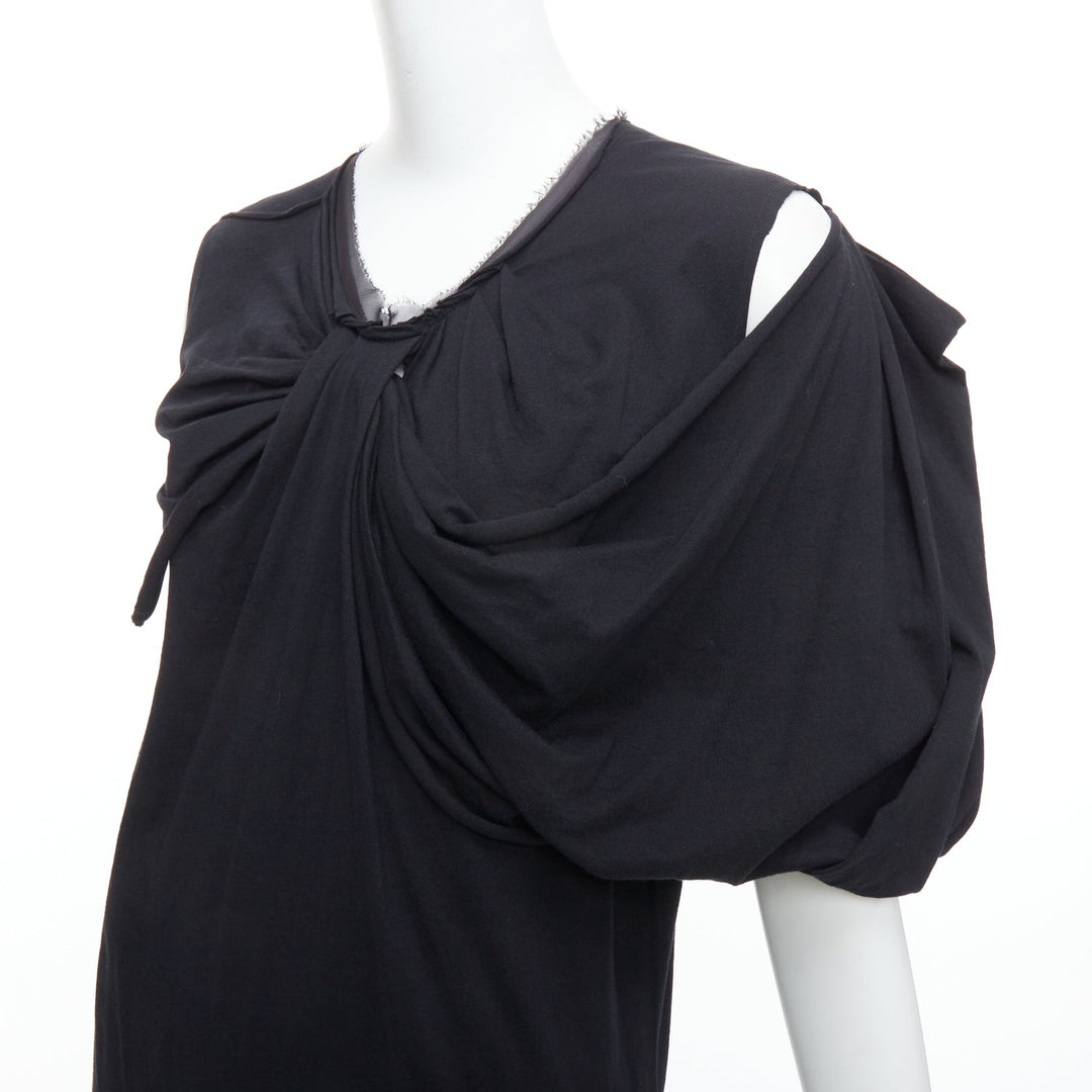 LANVIN black cotton silk trimmed asymmetric draped midi dress XXS