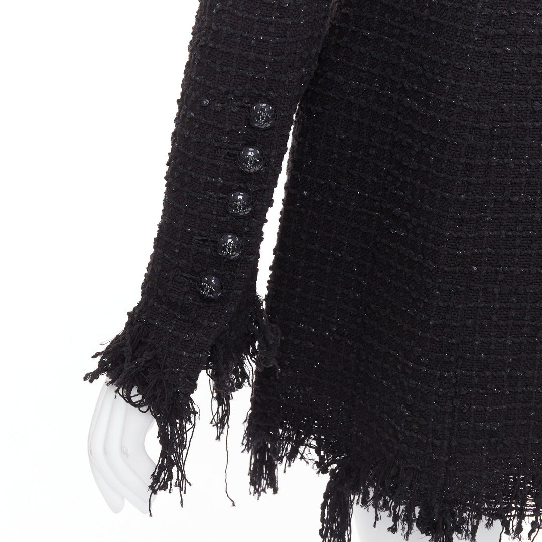 CHANEL 22C Runway black tweed fringe trim 4 pocket long jacket FR36 S