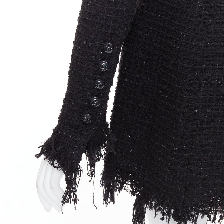 CHANEL 22C Runway black tweed fringe trim 4 pocket long jacket FR36 S