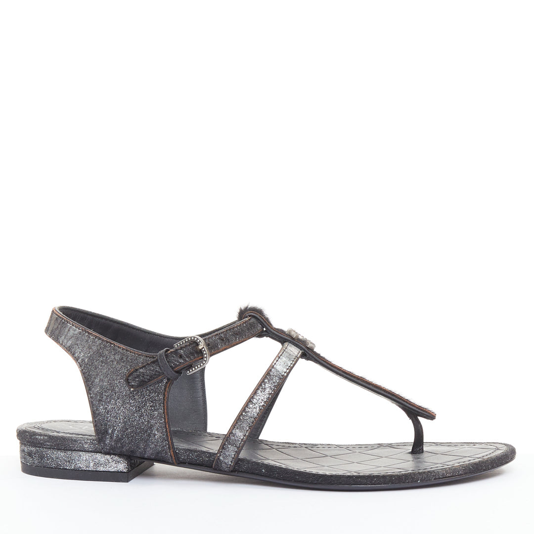 CHANEL black pony hair metallic leather CC charm T-strap thong flat sandals EU36