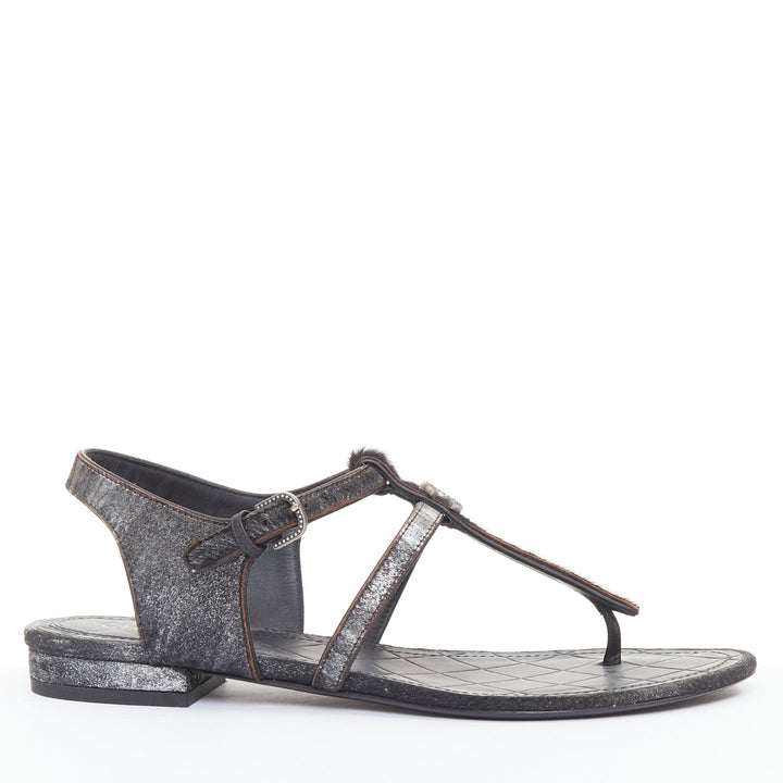 CHANEL black pony hair metallic leather CC charm T-strap thong flat sandals EU36