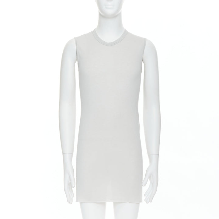 Male mannequin wearing Rick Owens SS 2021 Phlegethon Grey Viscose Men Tank Top in Size  S | Available at JHROP