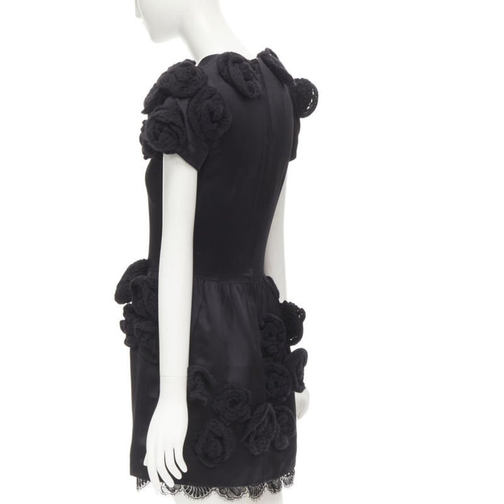 DOLCE GABBANA black 3D wool flower applique lace trimmed dress IT38 XS