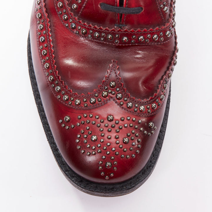CHURCH'S burgundy red leather silver studded lace up brogue shoes UK9 EU43
