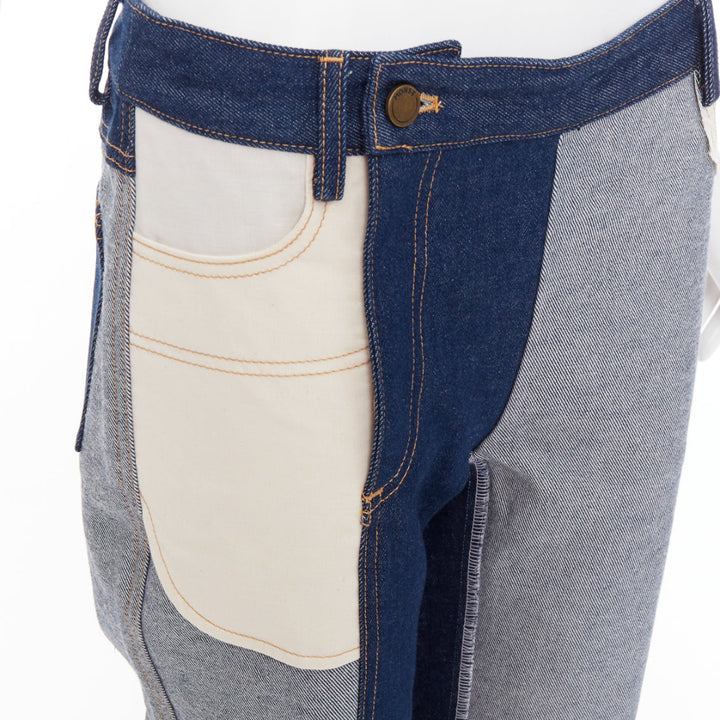 MONSE dark light blue reversed deconstructed patchwork flare cropped jeans US2 S